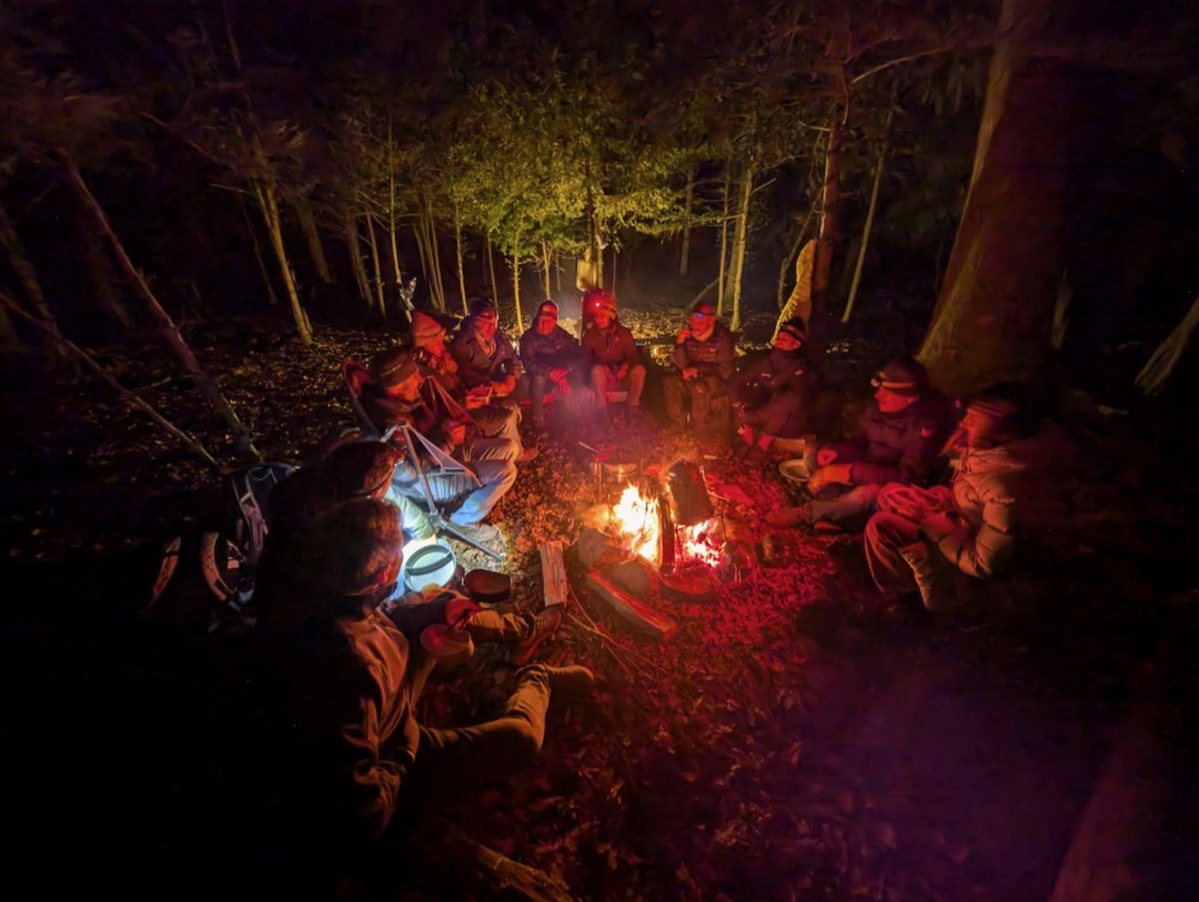 Gruppe sitzt nachts im Wald um ein Feuer